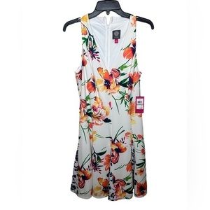 Vince Camuto deep v-neck orange and white floral dress women’s size 12